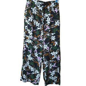 Primark Women's Size 10 Black Floral Wide Leg Pants Elastic Tie Waist Tropical